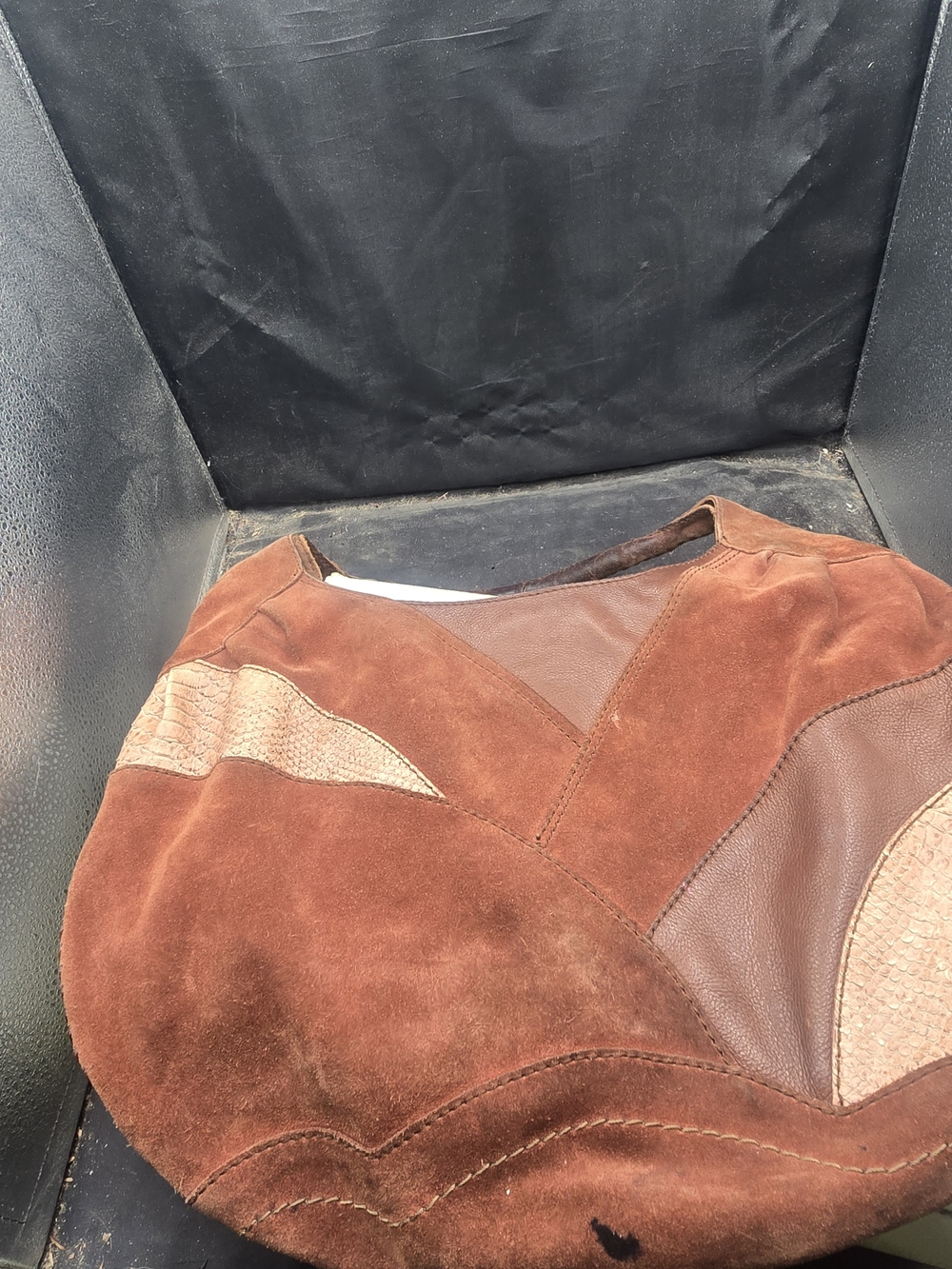 Lucky Brand Brown Suede Patchwork Shoulder Bag 13h and 18w Dimension